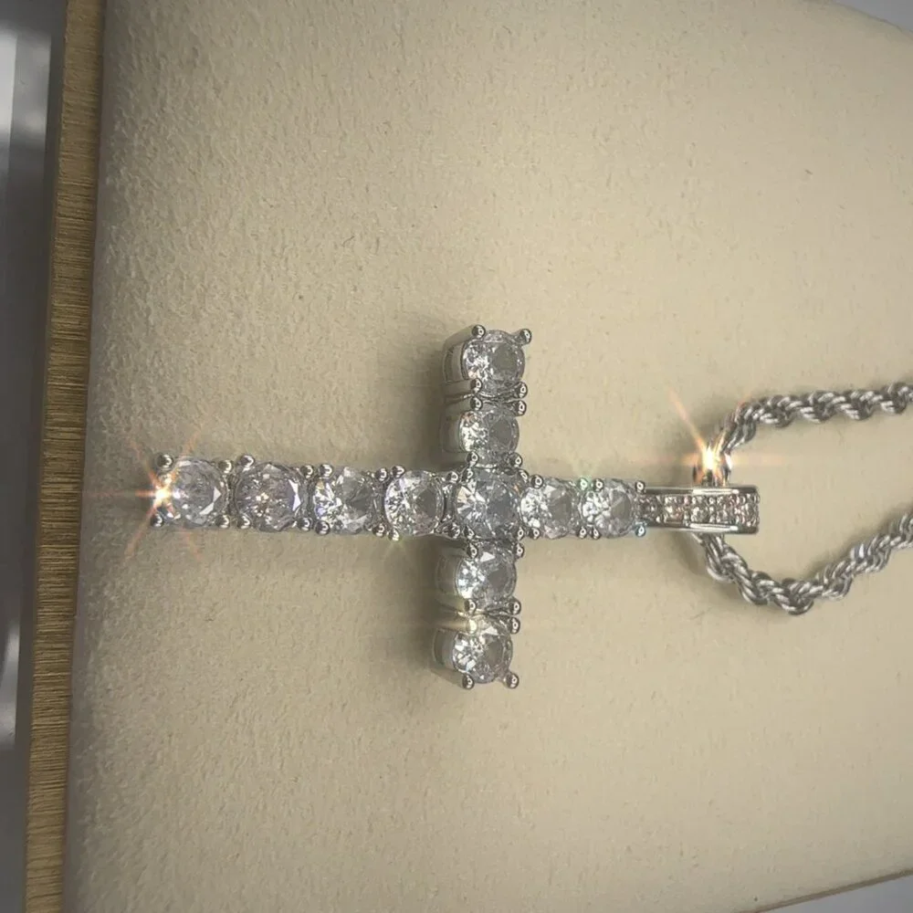 Cubic Zirconia Cross Pendant Necklace Stainless Steel Silver